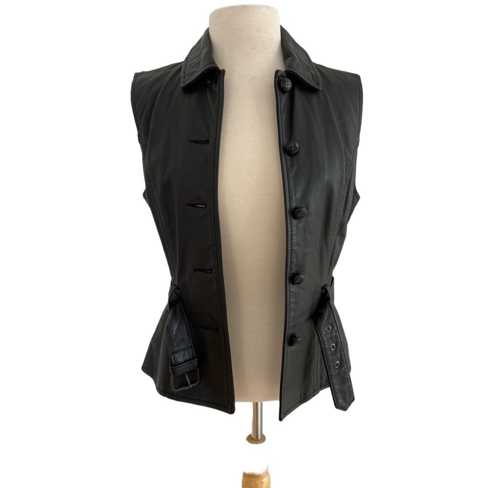 Plongé fitted genuine leather vest jacket sleeveless belted soft button medium
